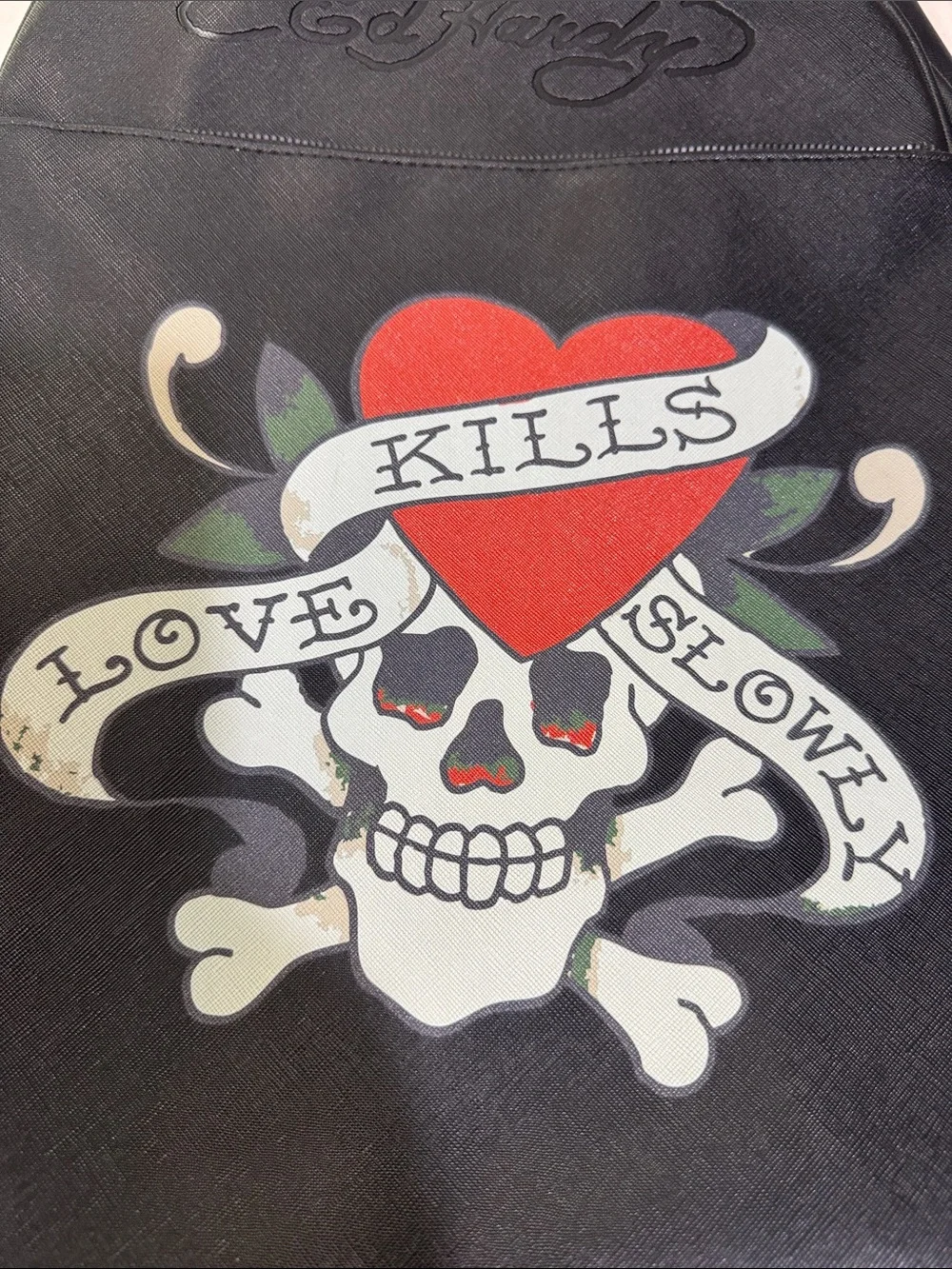 Ed Hardy Black Backpack with Red Heart and Skull Banner Graphic